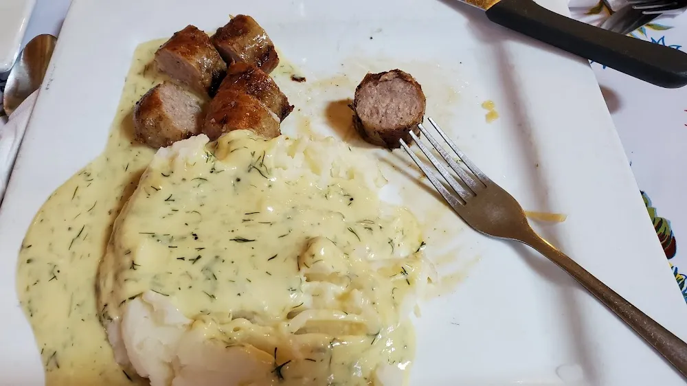 Bratwurst and Mashed Potatoes with a Mustard Dill Sauce